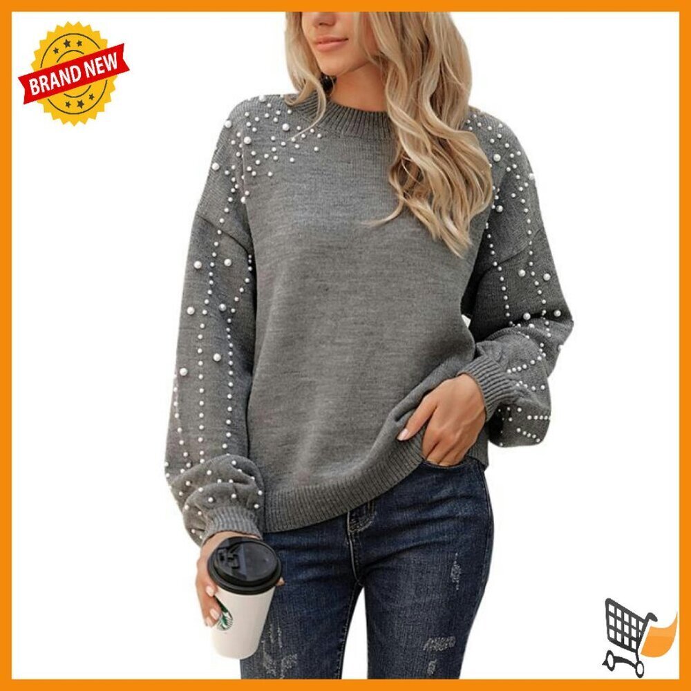 Chunky Knit Sweater Oversized Pullover Lantern Sleeve Pearls